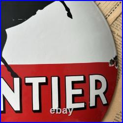 Vintage Frontier Gasoline Rarin'-to-go 12 Inch Convex Porcelain Enamel Sign