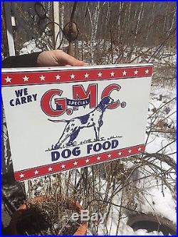 Vintage GMC Dog Food Metal Flange Sign With Gr8 Springer Dog Pet Graphic Man Cave