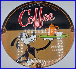 Vintage Genuine Mickey's Coffee Porcelain Sign Pump Plate Gas Station Oil Vintage Genuine Mickey's Coffee Porcelain Sign Pump Plate Gas Station Oil