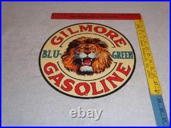Vintage Gilmore Blu-green Gasoline Lion Growls 11 3/4 Porcelain Metal Oil Sign