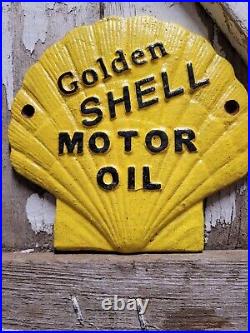 Vintage Golden Shell Motor Oil Sign Cast Iron Metal Advertising Gas Station Oil