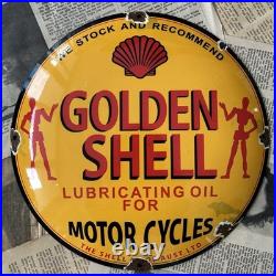 Vintage Golden Shell Oil For Motorcycles 12 Inch Convex Porcelain Enamel Sign