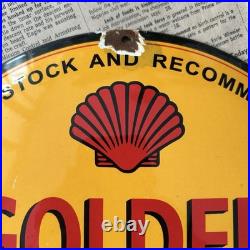 Vintage Golden Shell Oil For Motorcycles 12 Inch Convex Porcelain Enamel Sign