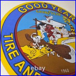 Vintage Goodyear Tires Sign Porcelain Gas Service Flintstones Advertising Sign