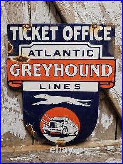 Vintage Greyhound Porcelain Sign Atlantic Bus Ticket Train Line Dog Veribrite