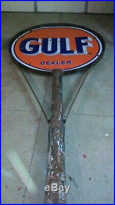 Vintage Gulf Dealer sign & pole. Double sided porcelain. Gas station. Original