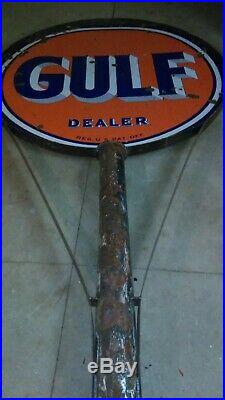 Vintage Gulf Dealer sign & pole. Double sided porcelain. Gas station. Original
