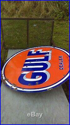 Vintage Gulf Dealer sign & pole. Double sided porcelain. Gas station. Original