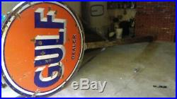 Vintage Gulf Dealer sign & pole. Double sided porcelain. Gas station. Original