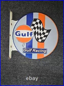 Vintage Gulf Gasoline Racing Double-sided Flange Porcelain Gas Sign