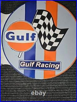 Vintage Gulf Gasoline Racing Double-sided Flange Porcelain Gas Sign