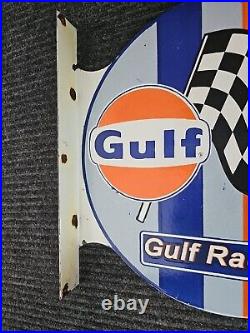 Vintage Gulf Gasoline Racing Double-sided Flange Porcelain Gas Sign