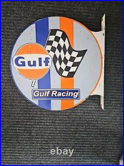 Vintage Gulf Gasoline Racing Double-sided Flange Porcelain Gas Sign