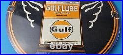 Vintage Gulf Gasoline Sign Aircraft Lube Gas Pump Station Porcelain Sign