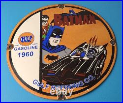 Vintage Gulf Gasoline Sign Batman Robin Porcelain Gas Pump Sign