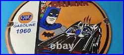 Vintage Gulf Gasoline Sign Batman Robin Porcelain Gas Pump Sign