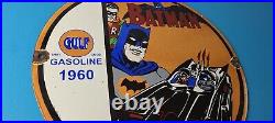 Vintage Gulf Gasoline Sign Batman Robin Porcelain Gas Pump Sign