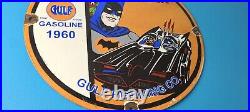 Vintage Gulf Gasoline Sign Batman Robin Porcelain Gas Pump Sign