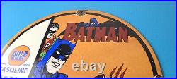 Vintage Gulf Gasoline Sign Batman Robin Porcelain Gas Pump Sign