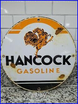 Vintage Hancock Gasoline Porcelain Sign Gas Pump Plate Motor Oil Sales Service