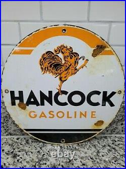 Vintage Hancock Gasoline Porcelain Sign Gas Pump Plate Motor Oil Sales Service