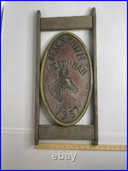 Vintage Hand Carved / Painted Wood Blacksmith Sign 1957 RARE