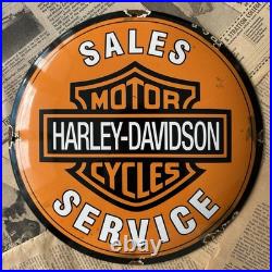 Vintage Harley Davidson Motor Sales Service 12 Inch Convex Porcelain Enamel Sign