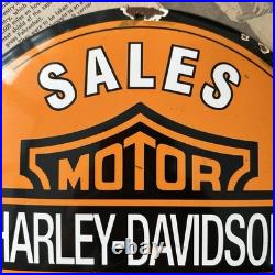 Vintage Harley Davidson Motor Sales Service 12 Inch Convex Porcelain Enamel Sign