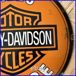Vintage Harley Davidson Motor Sales Service 12 Inch Convex Porcelain Enamel Sign