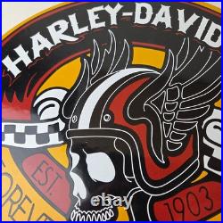 Vintage Harley Davidson Motorcycles Sign Skull Gas Pump Porcelain Dealer Sign
