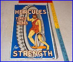 Vintage Hercules Tires & Tubes Porcelain Metal Gas Oil Double Sided Flange Sign