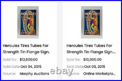 Vintage Hercules Tires & Tubes Porcelain Metal Gas Oil Double Sided Flange Sign