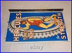 Vintage Hercules Tires & Tubes Porcelain Metal Gas Oil Double Sided Flange Sign