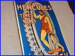Vintage Hercules Tires & Tubes Porcelain Metal Gas Oil Double Sided Flange Sign