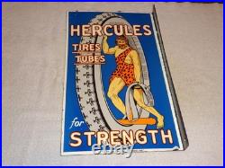 Vintage Hercules Tires & Tubes Porcelain Metal Gas Oil Double Sided Flange Sign