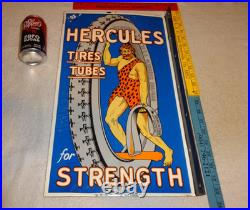 Vintage Hercules Tires & Tubes Porcelain Metal Gasoline Oil 2 Sided Flange Sign