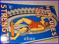 Vintage Hercules Tires & Tubes Porcelain Metal Gasoline Oil 2 Sided Flange Sign