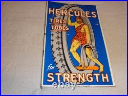 Vintage Hercules Tires & Tubes Porcelain Metal Gasoline Oil 2 Sided Flange Sign