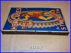 Vintage Hercules Tires & Tubes Porcelain Metal Gasoline Oil 2 Sided Flange Sign