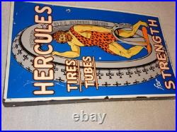 Vintage Hercules Tires & Tubes Porcelain Metal Gasoline Oil 2 Sided Flange Sign