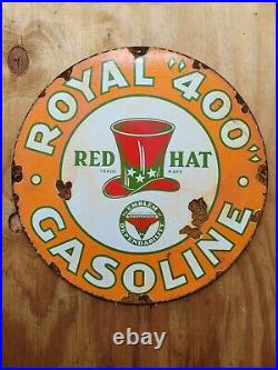 Vintage Independant Red Hat Porcelain Sign Gasoline Motor Oil Service Garage 400
