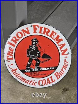 Vintage Iron Fireman Porcelain Sign Old House Robot Coal Burning Furnace 12