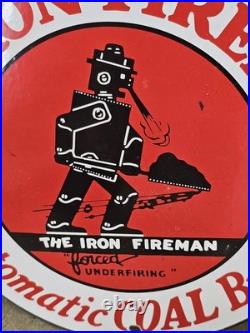 Vintage Iron Fireman Porcelain Sign Old House Robot Coal Burning Furnace 12