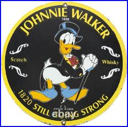 Vintage Johnnie Walker Porcelain Sign Scotch Whisky Disney Donald Duck Gas Oil