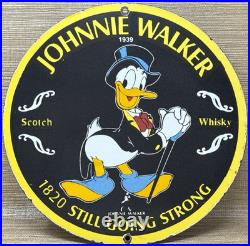 Vintage Johnnie Walker Porcelain Sign Scotch Whisky Disney Donald Duck Gas Oil