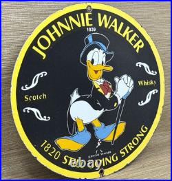 Vintage Johnnie Walker Porcelain Sign Scotch Whisky Disney Donald Duck Gas Oil