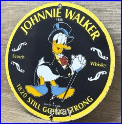 Vintage Johnnie Walker Porcelain Sign Scotch Whisky Disney Donald Duck Gas Oil