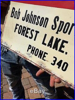 Vintage Johnson Outboard Boat Motor Metal Sign Forest Lake MN Gasoline Oil