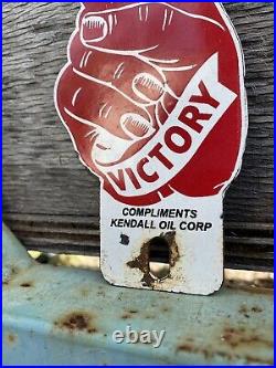 Vintage KENDALL Porcelain Sign VICTORY License Plate Tag Topper Gas Motor Oil