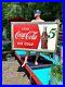 Vintage-LG-56x32-Metal-Coca-Cola-Soda-Pop-Bottle-5-cent-Graphic-Sign-Coke-01-oj